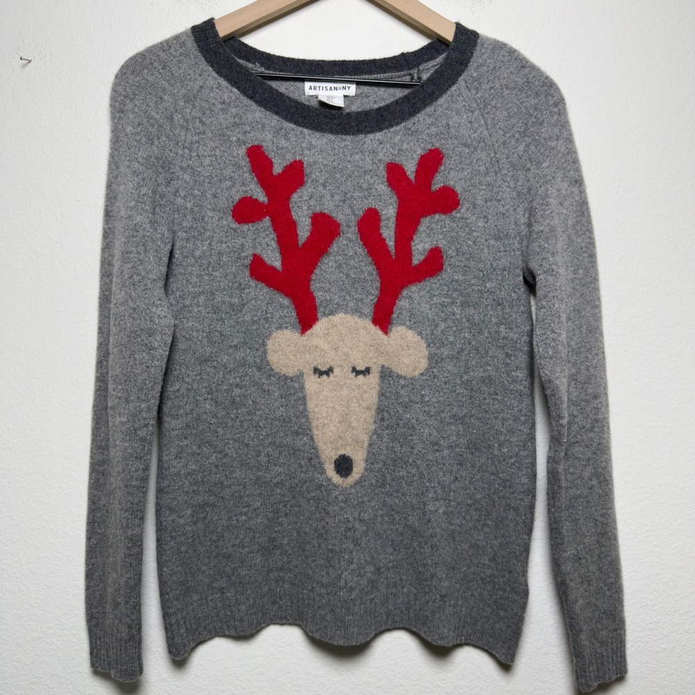 Artisan NY Women 100% Merino Wool Sweater Small Gray Reindeer Holiday Christmas